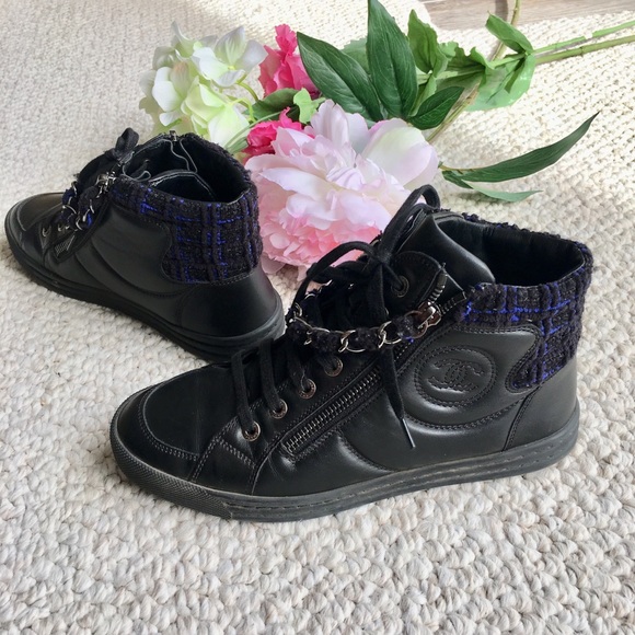 CHANEL Shoes - CHANEL tweed & leather mid top sneakers